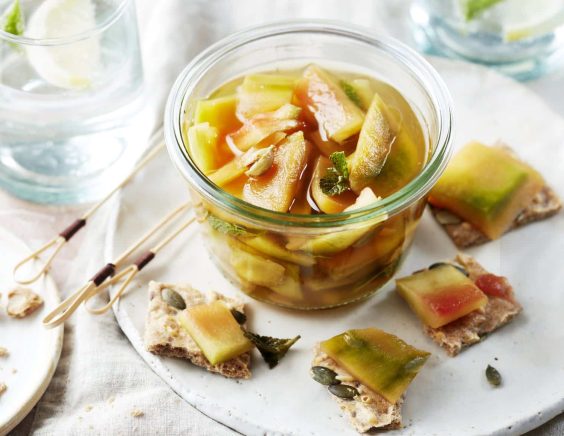 Pickles de peau de melon et pastèque, cardamome, menthe